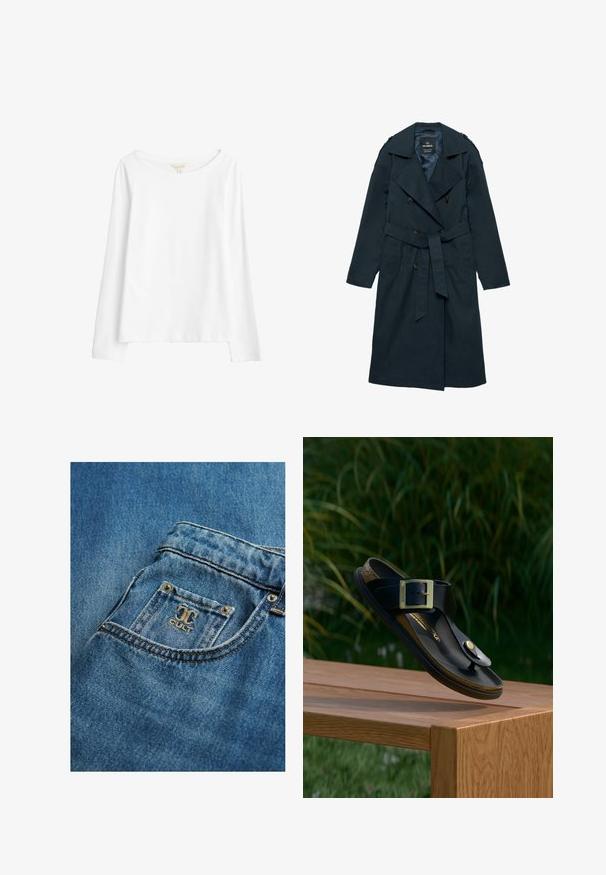 Marineblå trenchcoat i letvægtsstof med dobbeltradede knapper, bælte i taljen, stor krave og sidelommer.; Seasalt Cornwall Langærmet T-shirt - white salt; Close-up af blå denim jeanslomme med en lille logo lap med stiliserede bogstaver og metalnitter i lommekrogene.; Sort læder tanga-sandal med stor guldbeklædt spænde svævende over en træbænk, grønne græsser og planter i baggrunden.