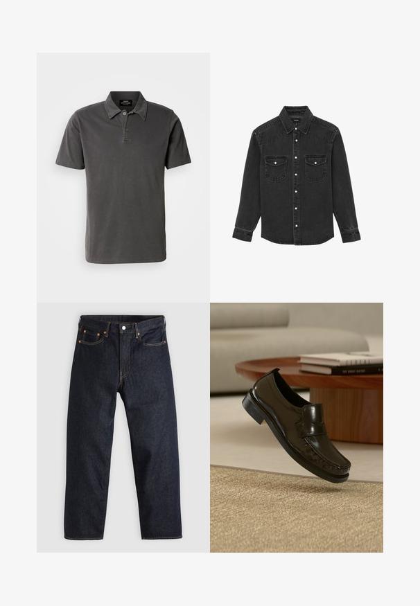 Camisa de mezclilla negra de manga larga con cierre de botones en el frente y dos bolsillos en el pecho, con botones a presión blancos y cuello puntiagudo.; Polo de color gris oscuro, hecho de algodón suave. Presenta un cuello con dos botones, mangas cortas y un dobladillo recto.; Jeans de denim azul oscuro con corte recto, cinco bolsillos, costuras en naranja contrastante y cierre de botón. Sin patrones ni adornos visibles.; Zapato mocasín negro de cuero sin cordones levitando sobre una alfombra beige tejida con una mesa de café de madera y libros al fondo.