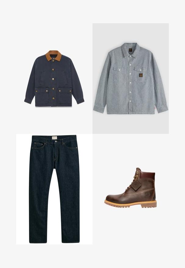 Veste bleu marine avec col en cuir marron, fermeture à boutons, deux grandes poches avant à rabats et deux poches latérales verticales.; Chemise à manches longues boutonnée avec fines rayures verticales noires et blanches, deux poches avant à rabats et un petit patch noir sur la poche droite.; Jeans en denim bleu foncé avec une coupe droite, un design à cinq poches et des coutures contrastées. Texture du tissu lisse.; Bottine en cuir marron avec un bout rond, une semelle robuste, des éléments en doré et un dessus texturé. Comprend une étiquette de logo attachée.