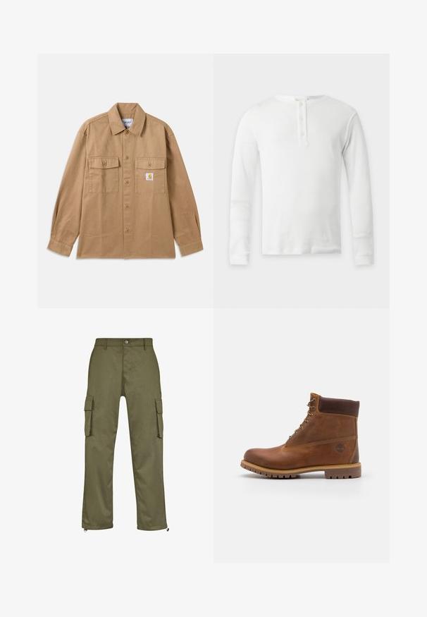 Chemise marron en coton avec boutons, col classique, deux poches avant et un écusson logo sur la poitrine gauche.; T-shirt thermique blanc à manches longues avec col rond et patte de boutonnage à trois boutons, présenté à plat sur fond clair.; Pantalons cargo verts olive avec une coupe droite, deux poches latérales et des fermetures éclair au niveau des chevilles. Fabriqués à partir de tissu durable.; Botte de randonnée en cuir marron avec une finition lisse, cheville rembourrée, œillets en métal et semelle en caoutchouc dotée d'un motif de crampons robuste.