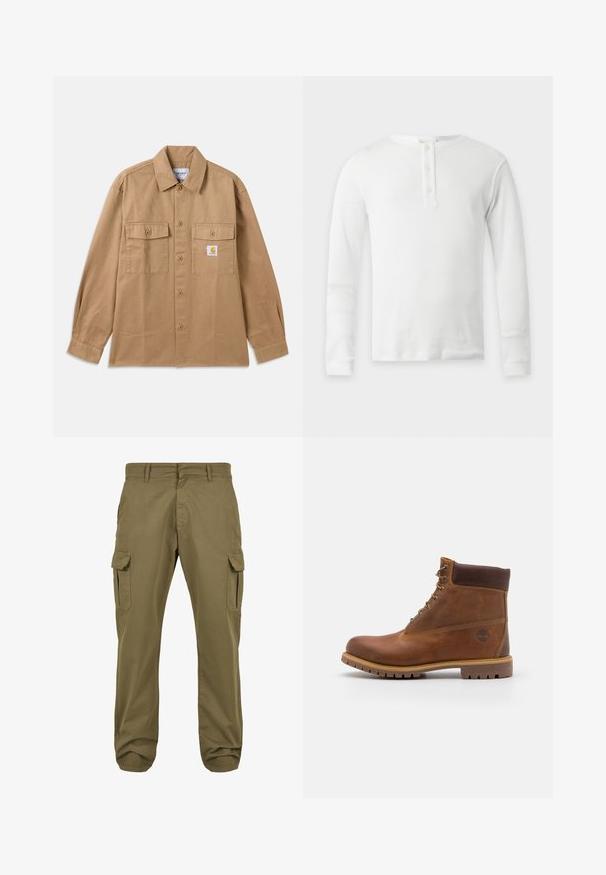 Chemise marron en coton avec boutons, col classique, deux poches avant et un écusson logo sur la poitrine gauche.; T-shirt thermique blanc à manches longues avec col rond et patte de boutonnage à trois boutons, présenté à plat sur fond clair.; Pantalons cargo verts avec une coupe droite, en coton, dotés de poches latérales et d'une fermeture à bouton pour plus de fonctionnalité. Texture lisse, design décontracté.; Botte de randonnée en cuir marron avec une finition lisse, cheville rembourrée, œillets en métal et semelle en caoutchouc dotée d'un motif de crampons robuste.