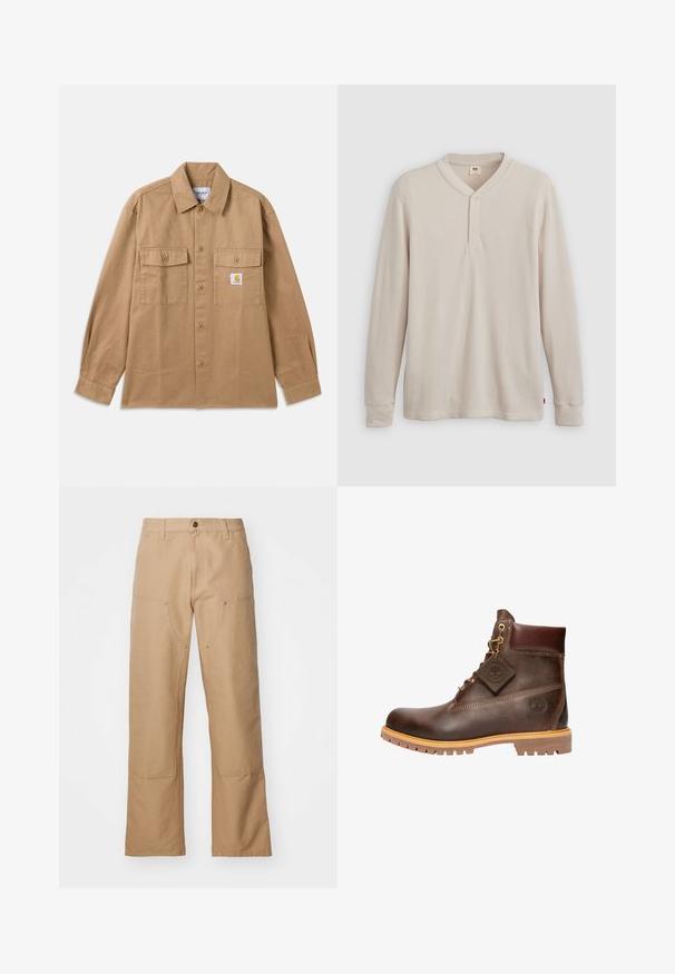 Brun skjorte med knapper lavet af bomuld, med spredt krave, to forlommer og et logo-patch på venstre bryst.; Langærmet henley-skjorte i lys beige ribbet stof, med V-hals, tre-knap placket og manchetter ved ærmerne. Rød logo-tags ved kanten.; Beige vide bukser lavet af lærred, med forlommer, gyldne hardware-detaljer og et fladt frontdesign.; Brun læder ankelstøvle med rund tå, solid sål, hardware i guldtone og en tekstureret overdel. Inkluderer et logo-tagfæstet.