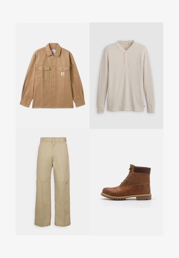 Brun skjorte med knapper lavet af bomuld, med spredt krave, to forlommer og et logo-patch på venstre bryst.; Langærmet henley-skjorte i lys beige ribbet stof, med V-hals, tre-knap placket og manchetter ved ærmerne. Rød logo-tags ved kanten.; Beige brede benbukser lavet af robust stof, med høj talje, synlig syning og et lille logo-patch på siden.; Brun læder vandrestøvle med en glat finish, polstret ankel, metalliske snørehuller og en gummisål med et robust dækmønster.