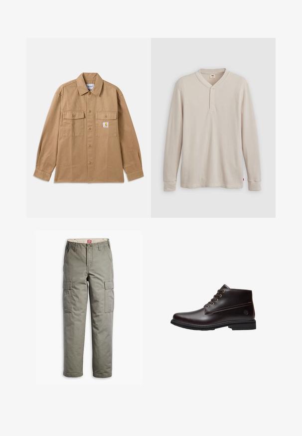 Brun skjorte med knapper lavet af bomuld, med spredt krave, to forlommer og et logo-patch på venstre bryst.; Langærmet henley-skjorte i lys beige ribbet stof, med V-hals, tre-knap placket og manchetter ved ærmerne. Rød logo-tags ved kanten.; Cargo bukser i olivengrøn, lavet af slidstærkt bomuldsblanding, med sidelommer, lige ben design og knaplukning.; Mørkebrun læder snørestøvle til anklen med sort sål og subtilt brandlogo på siden, vist i profil mod en hvid baggrund.