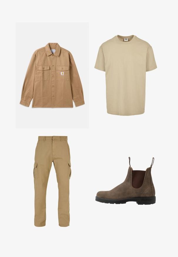 Brun skjorte med knapper lavet af bomuld, med spredt krave, to forlommer og et logo-patch på venstre bryst.; Beige bomulds T-shirt med rund hals, korte ærmer og en lige kant. Glat tekstur, simpelt design uden mønstre eller accenter.; Beige cargo bukser med to sidelommer, lige ben design, lavet af slidstærkt stof, med syning detaljer og bæltestropper.; Brune læder chelsea-støvle med elastiske sidepanelen, trækflapper og en sort gummisål med et struktureret slidbane for bedre greb.