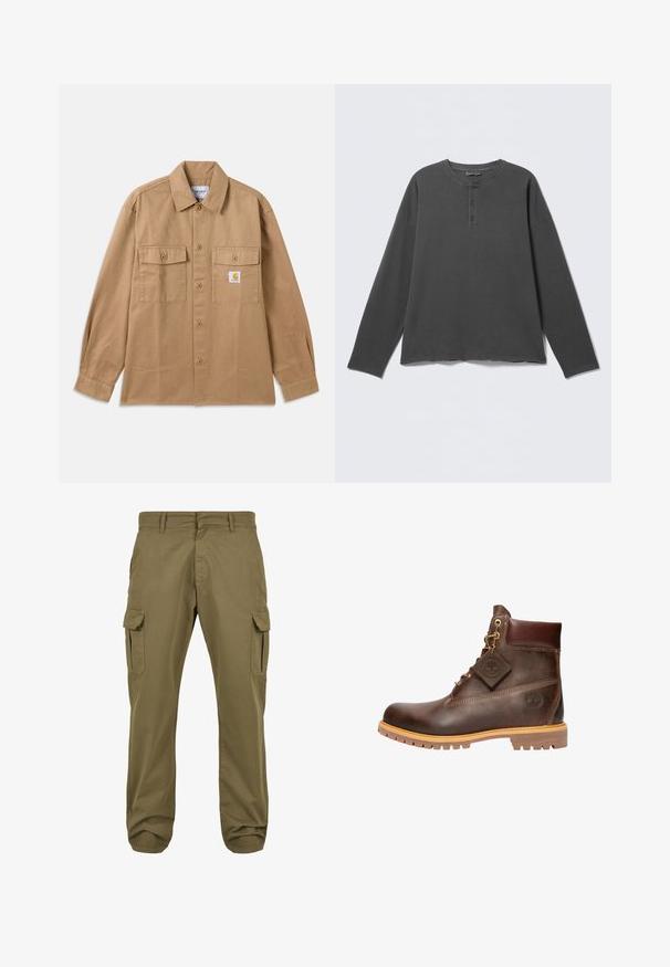 Chemise marron en coton avec boutons, col classique, deux poches avant et un écusson logo sur la poitrine gauche.; Chemise henley à manches longues gris foncé avec un col rond et trois boutons sur la patte de boutonnage avant.; Pantalons cargo verts avec une coupe droite, en coton, dotés de poches latérales et d'une fermeture à bouton pour plus de fonctionnalité. Texture lisse, design décontracté.; Bottine en cuir marron avec un bout rond, une semelle robuste, des éléments en doré et un dessus texturé. Comprend une étiquette de logo attachée.