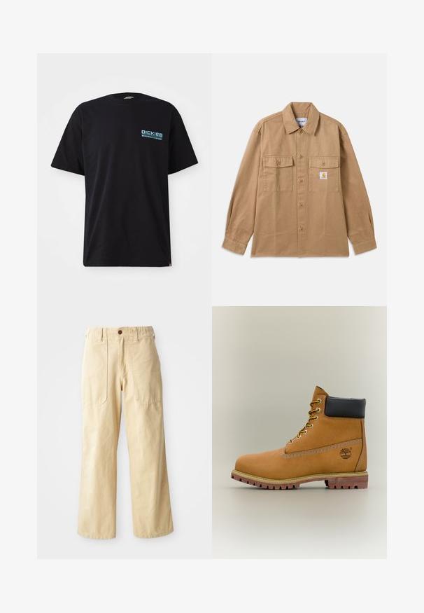 Camisa marrón de algodón con botones, que presenta un cuello extendido, dos bolsillos frontales y un parche con logo en el pecho izquierdo.; Camiseta de algodón negra de manga corta, con un logo azul de "DICKIES WORKWEAR COMPANY" en el lado izquierdo del pecho. Cuello redondo estándar.; Pantalones de pierna ancha beige de algodón. Cuentan con una cintura alta, dos bolsillos frontales de diseño plano y un cierre de un botón.; Bota de tobillo de cuero marrón con cuello negro, cordones amarillos y suela beige. Presenta un logotipo y detalles de costura blanca. Suela exterior con tracción robusta.