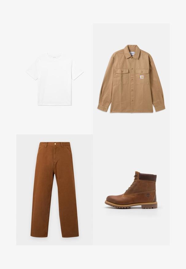 Chemise marron en coton avec boutons, col classique, deux poches avant et un écusson logo sur la poitrine gauche.; T-shirt en coton blanc avec des manches courtes, un col rond et un ourlet droit. Texture lisse sans motifs ni accents visibles.; Pantalon marron à jambes droites avec passants de ceinture, poches avant et fermeture par bouton à la taille, présenté sur un fond uni.; Botte de randonnée en cuir marron avec une finition lisse, cheville rembourrée, œillets en métal et semelle en caoutchouc dotée d'un motif de crampons robuste.