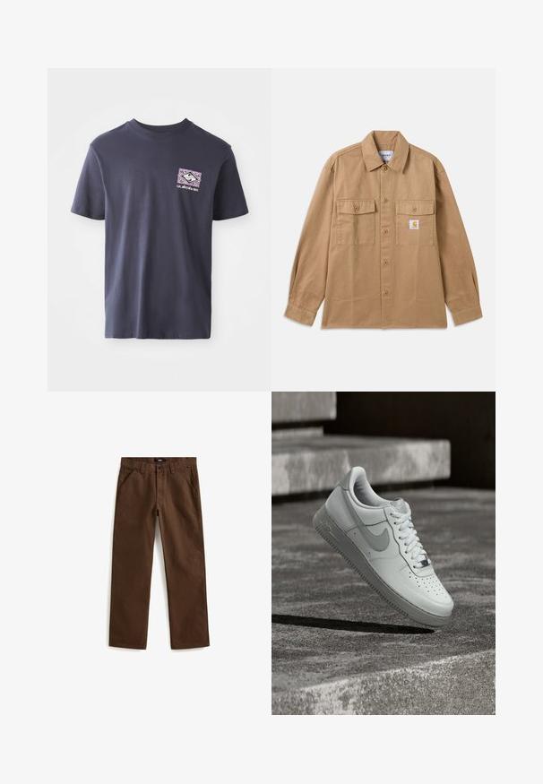 Brun skjorte med knapper lavet af bomuld, med spredt krave, to forlommer og et logo-patch på venstre bryst.; Marineblå bomulds t-shirt med rund hals og korte ærmer. Har et geometrisk grafisk print i lilla og hvid på venstre bryst.; Brune bomuldsbukser med lige ben, frontlommer og en sikker knaplukning i taljen. Glat tekstur med et afslappet design.; Hvid Nike Air Force 1 sneaker, der svæver over en tekstureret betongulv med stenetrin i baggrunden.