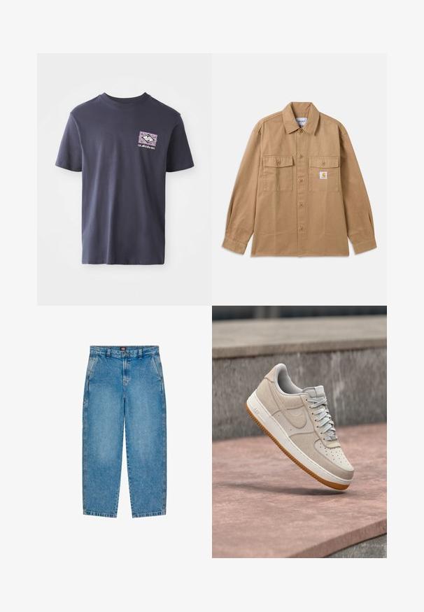 Camisa marrón de algodón con botones, que presenta un cuello extendido, dos bolsillos frontales y un parche con logo en el pecho izquierdo.; Camiseta de algodón azul marino con cuello redondo y mangas cortas. Presenta un estampado gráfico geométrico en púrpura y blanco en el lado izquierdo del pecho.; Jeans de mezclilla azul claro con un diseño de pierna recta. Tiene bolsillos delanteros, una cremallera y costuras en contraste a lo largo de las costuras.; Zapatilla Nike Air Force 1 beige y blanca con suela de goma flotando sobre una superficie de piedra rosa con fondo de piedra gris.
