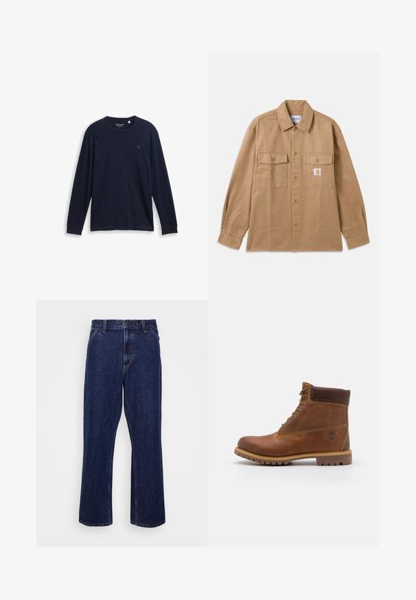 Brun skjorte med knapper lavet af bomuld, med spredt krave, to forlommer og et logo-patch på venstre bryst.; Marine langærmet T-shirt lavet af blødt bomuld, med rund halsudskæring, syede kanter og et lille broderet logo på brystet.; Mørkeblå denim jeans med lige ben-design, der har knaplukning, fem lomme-stil og diskrete syninger.; Brun læder vandrestøvle med en glat finish, polstret ankel, metalliske snørehuller og en gummisål med et robust dækmønster.