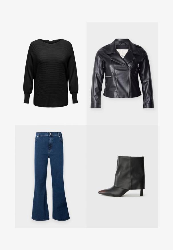 Chaqueta de motociclista de cuero sintético negro con cierre de cremallera descentrado, cuello ancho, botones de presión y bolsillos laterales con cremallera.; Jersey negro de pullover con textura acanalada, escote ancho y mangas largas ligeramente abullonadas. Fabricado en una tela suave y elástica.; Vaqueros de mezclilla azul oscuro de talle alto con piernas anchas acampanadas, botón delantero y bolsillos, mostrados sobre un fondo claro.; Botín negro de piel lisa con punta afilada y tacón cónico. La parte superior presenta un diseño ligeramente fruncido.