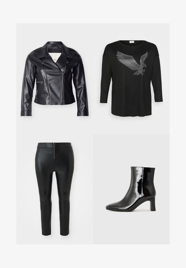 Zwarte motorjas van nep leer met een asymmetrische ritssluiting, brede kraag, drukknoopsluitingen en zijritspockets.; Zwarte langemouwen shirt met een schitterend ontwerp van een adelaar gemaakt van zilveren rhinestones, met een relaxte pasvorm en ronde halslijn.; Zwarte faux leren broek met hoge taille, voorzien van een achterste ritsluiting en een slim fit. Gladde textuur en minimalistisch ontwerp.; Zwarte gepolijste leren enkellaars met een spitse neus en een blokhak van gemiddelde hoogte. Glad textuur en minimalistisch ontwerp.
