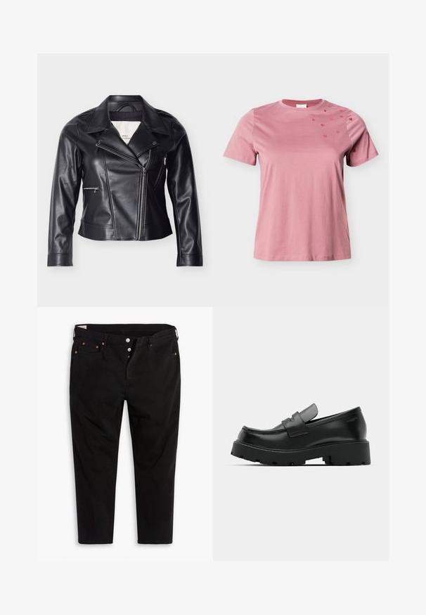Schwarze Motorradjacke aus Kunstleder mit asymmetrischem Reißverschluss, breitem Kragen, Druckknöpfen und seitlichen Reißverschlusstaschen.; Weiches, rosa T-Shirt mit kurzen Ärmeln, rundem Ausschnitt und kleinen, dunkleren rosa Herzmotiven, die auf der rechten Schulter und dem Ärmel verteilt sind.; Schwarze Jeanshose mit geradem Bein. Verfügt über fünf Taschen, Metallknopfverschluss und orangefarbene Nähtigkeiten. Aus Baumwollmaterial.; Schwarze Leder-Loafers mit einer chunky strukturierten Sohle, ausgestattet mit einem Riemen über dem Spann und einer glatten, polierten Oberfläche.
