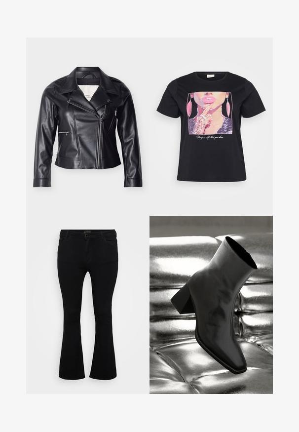 Schwarze Motorradjacke aus Kunstleder mit asymmetrischem Reißverschluss, breitem Kragen, Druckknöpfen und seitlichen Reißverschlusstaschen.; Schwarzes T-Shirt mit einer Pailletten-Grafik eines Frauenkopfes, mit pinken Lippen und Ohrringen, und dem Text "Gestalte ein Ich, das du liebst" darunter.; Schwarze Schlagjeans aus Denim mit Knopfverschluss, fünf Taschen und einer glatten Textur. Klassisches Design mit ausgestellt geschnittenem Saum.; Schwarzer Knöchelstiefel aus glänzendem Material mit quadratischer Zehenform und verjüngtem Absatz, vor einem glänzenden silbernen gepolsterten Hintergrund.