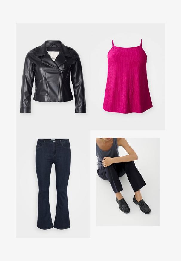 Schwarze Motorradjacke aus Kunstleder mit asymmetrischem Reißverschluss, breitem Kragen, Druckknöpfen und seitlichen Reißverschlusstaschen.; Fuchsia ärmelloses Top mit dünnen Trägern, aus strukturiertem Stoff mit vertikalen Rippmustern; lockere Passform mit abgerundetem Saum.; Dunkelblaue, hoch taillierte Jeans aus Denim mit schmalem Oberschenkel und leicht ausgestelltem Beinende, ausgestattet mit Fronttaschen und einem Knopfverschluss.; Schwarze Leder-Loafer mit strukturierten Akzenten, niedrigem Absatz, rundem Zehenbereich und sichtbarer Naht. Das Modell trägt dunkle Hosen und ein graues Oberteil.