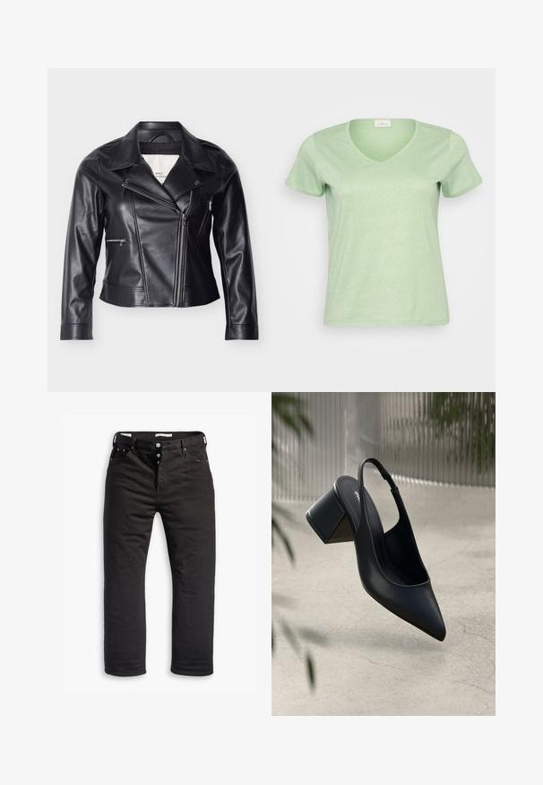Veste moto en similicuir noir avec une fermeture éclair décalée, un col large, des boutons-pression et des poches latérales zippées.; T-shirt vert clair à manches courtes et en V, fabriqué dans un tissu doux et légèrement brillant, avec un design simple et épuré.; Jean en denim noir avec une coupe droite, comprenant une fermeture à bouton, cinq poches et des détails de couture subtils. Texture lisse.; Escarpin noir en cuir avec un bout pointu et un talon bloc. Texture lisse, design minimaliste et bride de cheville réglable.
