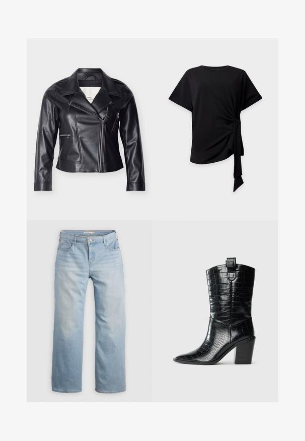 Chaqueta de motociclista de cuero sintético negro con cierre de cremallera descentrado, cuello ancho, botones de presión y bolsillos laterales con cremallera.; Top negro de manga corta con cuello redondo y detalle de nudo lateral que crea un tejido fruncido y una cinta colgante sobre un fondo claro.; Pantalones vaqueros de pierna ancha de color azul claro, confeccionados en denim. Con una cintura alta, cinco bolsillos y costuras de contraste. Textura suave con un acabado desgastado.; Botas western negras hasta media pantorrilla con punta afilada, tacón de bloque y textura de cuero brillante con estampado de cocodrilo sobre fondo blanco.