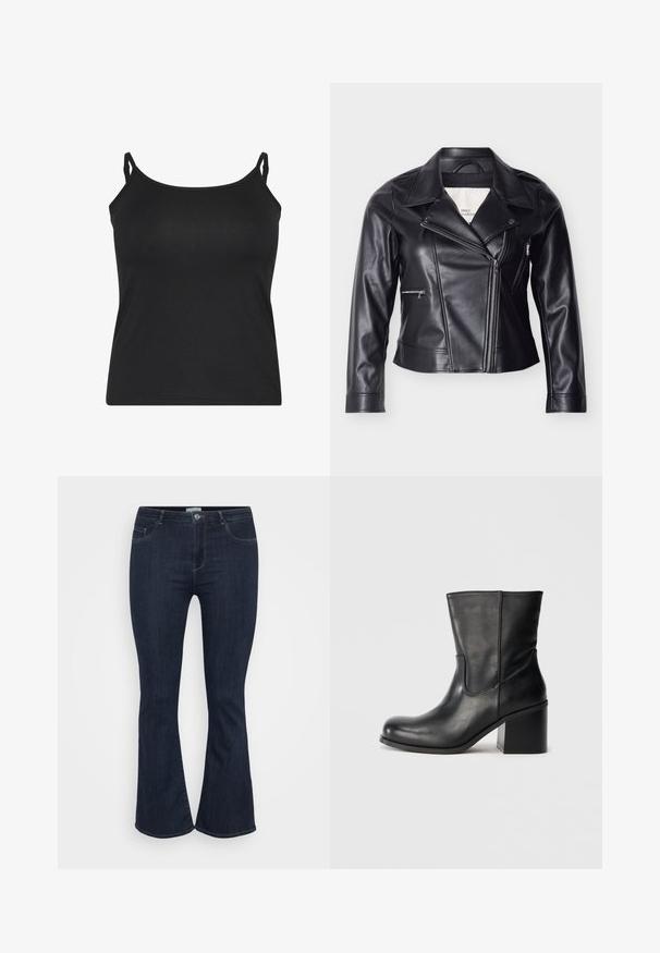 Veste moto en similicuir noir avec une fermeture éclair décalée, un col large, des boutons-pression et des poches latérales zippées.; Camisole noire avec de fines bretelles réglables, fabriquée en tissu lisse, dotée d'un design simple sans manches et d'un ourlet droit.; Jean en denim bleu foncé taille haute, avec une coupe ajustée à la cuisse et un léger évasement en bas, dotés de poches avant et d'une fermeture à bouton.; Bottine en cuir noir à bout rond, détails de coutures latérales et talon bloc épais. Texture lisse et design minimaliste.