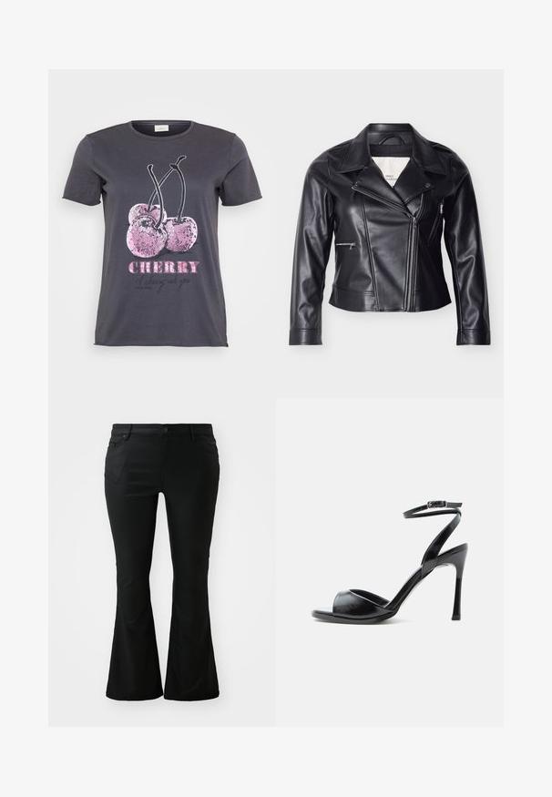 Chaqueta de motociclista de cuero sintético negro con cierre de cremallera descentrado, cuello ancho, botones de presión y bolsillos laterales con cremallera.; Camiseta gris con un gráfico de cereza con acentos de purpurina rosa, la palabra "CHERRY" en negrita rosa y texto adicional en negro.; Pantalones acampanados negros hechos de una tela suave. Cuentan con bolsillos frontales, cierre con botón y una cintura ajustada que se expande en una pierna acampanada.; Sandalia negra de tacón alto con puntera abierta, tacón de aguja delgado y correa en el tobillo con hebilla sobre fondo blanco.