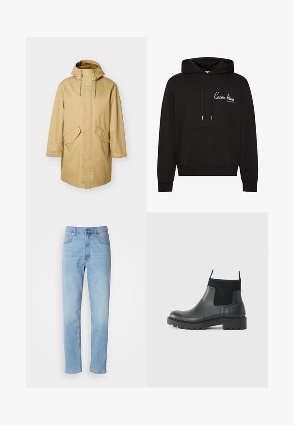 Beige hooded regenjas met een rechte snit, voorzien van twee grote voorzakken en een gladde textuur. Verstelbare trekkoorden bij de capuchon.; Zwarte pullover hoodie met voorzak, verstelbare trekkoordkap en wit "Calvin Klein Established 1968" logo op de borst.; Lichtblauwe denim jeans met een rechte pasvorm, vijf zakken en riemlussen. De stof heeft een gladde textuur met een lichte vervaging.; Zwarte enkelboots van rubber met een matte afwerking, voorzien van een slank ontwerp, elastische panelen en een chunky zool voor grip.