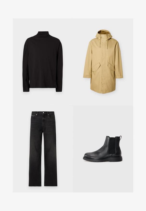 Beige hooded regenjas met een rechte snit, voorzien van twee grote voorzakken en een gladde textuur. Verstelbare trekkoorden bij de capuchon.; Zwarte turtleneck met lange mouwen, gemaakt van een zachte, gladde stof met een comfortabele pasvorm en zonder zichtbare patronen of accenten.; Zwarte jeans met rechte pijpen, vijf zakken, riemlussen en knoopsluiting, weergegeven op een witte achtergrond.; Zwarte leren Chelsea boots met een gestructureerde afwerking, elastische zijpanelen en een stevige rubberen zool. Subtiele branding op de hiel.