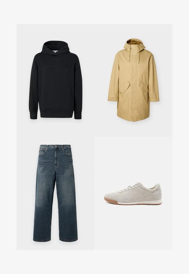 Impermeable beige con capucha y corte recto, con dos grandes bolsillos delanteros y textura suave. Cordones ajustables cerca de la capucha.; Sudadera con capucha negra, fabricada en un tejido suave, diseño tipo pullover, bolsillo canguro frontal, logo en relieve "QUARTZ CO" en el pecho, puños y dobladillo acanalados.; Jeans de denim de pierna ancha en azul oscuro, con un lavado desvanecido, diseño de cinco bolsillos y costuras resistentes. Cierre de botón en la cintura.; Zapatilla de ante beige claro con cordones blancos, suela de goma y detalles sutiles de costura, vista desde el lado izquierdo sobre un fondo blanco.