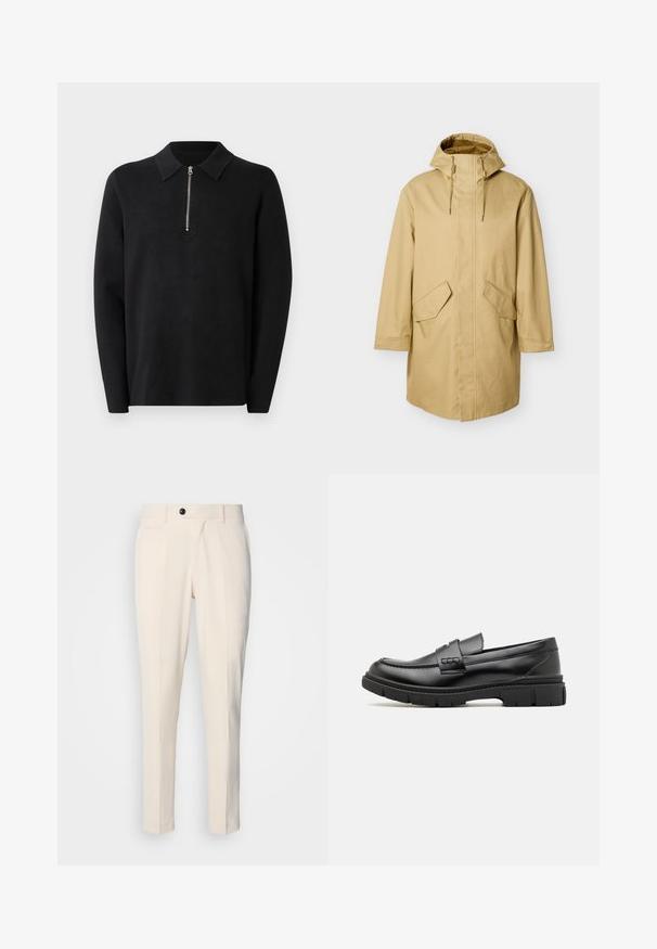 Beige hættejakke med lige snit, der har to store forlommer foran og en glat tekstur. Justerbare snore tæt på hætten.; Sort pullover med lange ærmer og lynlås i kraven. Lavet af blødt stof, der har en glat tekstur og et enkelt, minimalistisk design.; Beige skræddersyede bukser med flad front, enkelt knaplukning og to skrå sidelommer. Glat stof med en slim fit og tætsiddende ben.; Sort læder loafersko med en bred rem over forfoden, gummisål med tykke mønstre og glat overflade. Klassisk, slankt design.