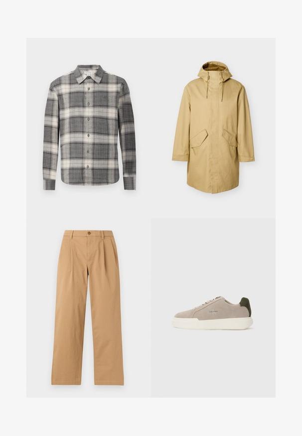 Beige hooded regenjas met een rechte snit, voorzien van twee grote voorzakken en een gladde textuur. Verstelbare trekkoorden bij de capuchon.; Langearmige geruite shirt in zwart en crème. Voorzien van een knoopsluiting aan de voorkant, klassieke kraag en een gevarieerd ruitpatroon. Zachte stoftextuur.; Lichtbruine broek met rechte pijpen, voorplooien, riemlussen en een knoopsluiting in de tailleband, afgebeeld tegen een effen achtergrond.; Beige suède sneakers met een witte rubberen zool, voorzien van een donkergroene hielaccent en subtiele branding aan de zijkant.