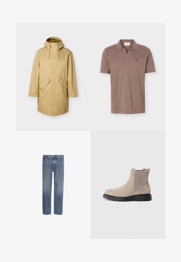 Imperméable beige à capuche avec une coupe droite, doté de deux grandes poches avant et d'une texture lisse. Cordon de serrage ajustable près de la capuche.; Polo marron à manches courtes avec col ouvert et petit logo noir "ck" sur le côté gauche de la poitrine, sur un fond uni.; Jean en denim bleu à jambes droites, avec poches avant, passants de ceinture et fermeture par bouton.; Bottine Chelsea en daim beige avec des panneaux élastiques sur les côtés, une languette de tirage et une semelle en caoutchouc noir. Design élégant avec un bout arrondi.