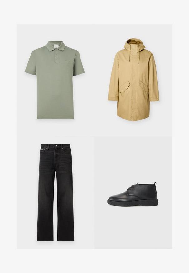 Imperméable beige à capuche avec une coupe droite, doté de deux grandes poches avant et d'une texture lisse. Cordon de serrage ajustable près de la capuche.; Polo vert olive à manches courtes avec trois boutons et petit logo Calvin Klein sur le côté gauche de la poitrine.; Jean noir droit avec cinq poches, passants pour ceinture et fermeture par bouton, présenté sur un fond blanc.; Bottines noires en cuir avec une texture lisse, bout rond et semelle en caoutchouc noir. Comprend un laçage et un tirant à l'arrière pour un enfilage facile.