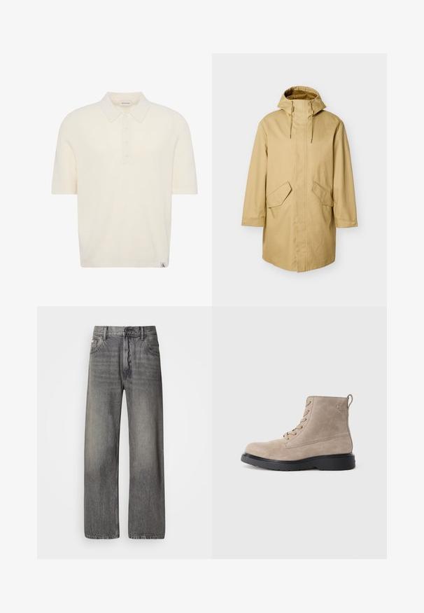 Imperméable beige à capuche avec une coupe droite, doté de deux grandes poches avant et d'une texture lisse. Cordon de serrage ajustable près de la capuche.; Polo en maille à manches courtes couleur crème avec quatre boutons et une petite étiquette logo Calvin Klein à l’ourlet.; Jean à jambes larges en denim gris foncé avec une finition délavée. Dispose d'un design classique à cinq poches et de passants pour ceinture.; Bottines en daim beige avec semelle en caoutchouc noir, design à lacets, et un petit logo embossé sur le côté, avec une languette à l'arrière.