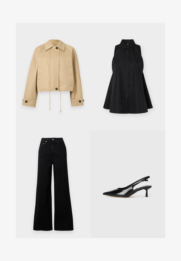 Veste courte beige avec col large, manches longues, poignets boutonnés, boutons-pression sur le devant, deux poches obliques et cordons de serrage ajustables à l'ourlet.; Robe chemise noire sans manches avec col à revers et patte de boutonnage dissimulée, silhouette évasée, présentée sur fond blanc.; Jeans larges noirs en denim, avec une taille haute, cinq poches, une fermeture à boutons sur le devant, et des détails de couture minimaux.; Escarpins à talons slingback en cuir verni noir avec un bout pointu, un talon fin et une sangle réglable. Texture lisse avec un détail minimal.