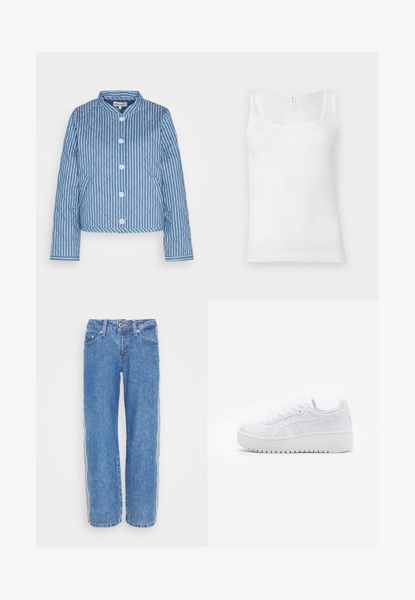 Gestepptes blau-weiß gestreiftes Jackett mit rundem Kragen, Frontverschluss mit fünf Knöpfen und Ärmeln mit einem kontrastierenden Muster.; Weißes geripptes Tanktop mit rechteckigem Ausschnitt und breiten Trägern. Der Stoff hat ein strukturiertes, dehnbares Aussehen.; Blaue Jeans aus Denim mit geradem Schnitt, versehen mit vertikalen schwarz-weißen Streifen an den Seiten und einem Knopfverschluss an der Taille.; Weiße Plattform-Sneaker aus glattem Leder mit perforierten Details und flachen Schnürsenkeln; ausgestattet mit einer dicken weißen Gummisohle.