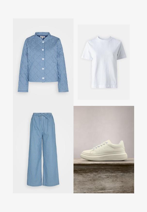 Veste matelassée bleu et blanc rayée avec un col rond, fermeture avant à cinq boutons et poignets présentant un motif contrastant.; T-shirt en coton blanc avec un col rond, manches courtes, coupe droite et texture lisse. Sans motifs ni embellissements.; Pantalons larges à rayures bleues avec une taille élastique et un cordon de serrage. Le tissu est léger, arborant des rayures blanches verticales pour le contraste.; Baskets en cuir blanc avec un bout rond, une texture lisse et des lacets contrastants. Dotées de trous de ventilation et d'une semelle en caoutchouc épaisse pour le confort.