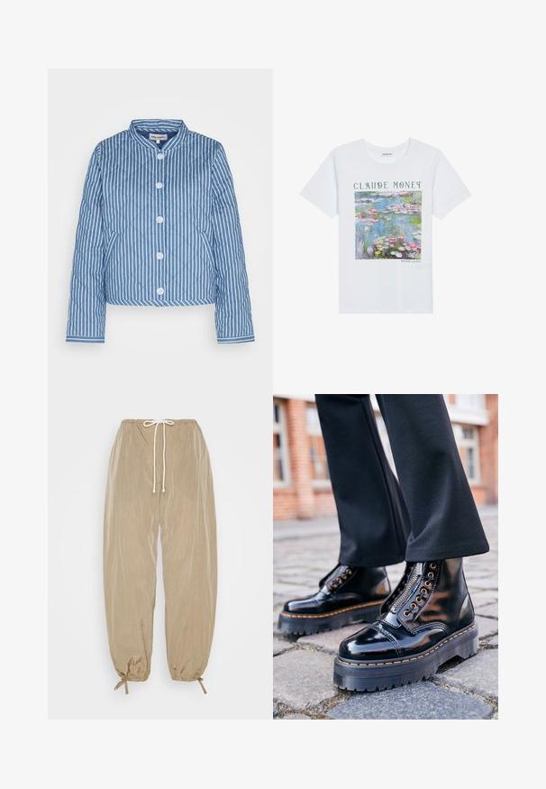 Veste matelassée bleu et blanc rayée avec un col rond, fermeture avant à cinq boutons et poignets présentant un motif contrastant.; T-shirt en coton blanc avec un impression colorée de nénuphars de Monet, avec le texte "Claude Monet" au-dessus et la légende "Nénuphars" en dessous.; Weekday ALISTAR PARACHUTE TROUSER - Pantalon classique - mole; Bottines en cuir verni noir avec une semelle en caoutchouc épaisse, fermeture éclair sur le côté, quincaillerie en œillet doré et détail de surpiqûre jaune contrastant.