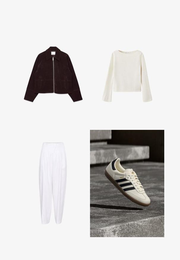Brun suedet cropped jakke med krave, frontlynlås og sidelommer. Har en blød tekstur og brede ærmer.; Off-white langærmet sweater med bred rund halsudskæring og let udvidede ærmer, lavet af blødt strikket stof.; Hvide linned bukser med høj talje, der har frontfolder og en afslappet silhuet, der smalner ind mod anklen. Glat tekstur, ingen mønstre.; Hvid Adidas Samba sneaker med sorte striber og gummsål, svævende over teksturerede grå betonstrin.