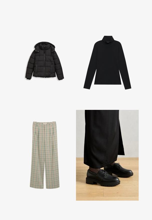 Chaqueta acolchada negra con capucha, con acolchado horizontal, cremallera frontal y puños elásticos. Fabricada con material ligero y resistente al agua.; Sudadera negra de manga larga con cuello alto. Tejido suave, diseño ajustado, cuello alto y costuras laterales. Estilo sencillo y versátil, adecuado para combinar en capas.; Pantalones de pierna ancha en un patrón de cuadros beige con acentos en verde y azul marino, con pliegues frontales y un acabado texturizado.; Zapatos de cuero negro con punta redondeada, suela de goma gruesa y cordones. El diseño presenta un bordado decorativo a lo largo de la parte superior.