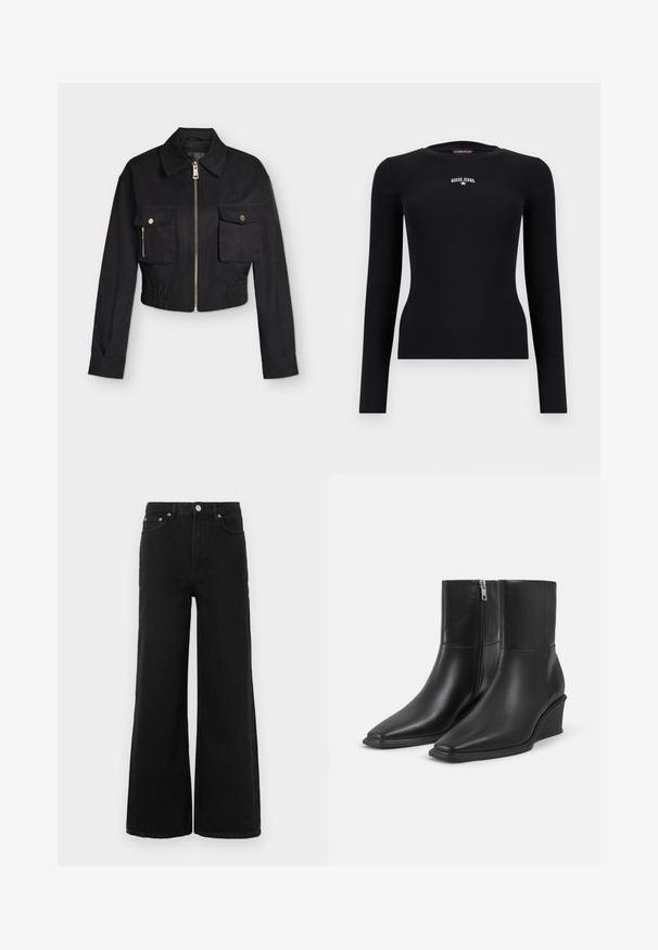 Veste courte noire à manches longues, fermeture éclair à l'avant, deux poches à rabat avec boutons, et taille élastiquée.; T-shirt ajusté à manches longues noir en maille côtelée avec col rond et petit logo « GUESS JEANS » blanc centré sur la poitrine.; Jean noir à jambes larges en denim ; doté d'une taille haute, de poches avant et d'une fermeture par bouton. Aucun motif ni ornement visible.; Paire de bottines en cuir noir avec bouts pointus, talons compensés et fermetures éclair latérales sur un fond clair uni.