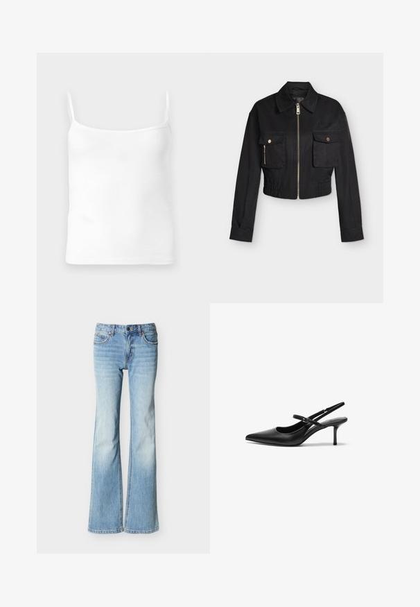 Chaqueta corta negra con mangas largas, cremallera frontal, dos bolsillos con solapa y botones, y cintura elástica.; Top de tirantes finos blanco con canalé, escote redondeado y forma ajustada, hecho de una suave mezcla de algodón.; Jeans de mezclilla azul claro de tiro alto con piernas acampanadas, bolsillos frontales y cierre de botón y cremallera, mostrados sobre un fondo blanco.; Zapatos de tacón slingback de cuero negro con punta afilada, correa ajustable delgada y un tacón de aguja de aproximadamente 5 cm, textura suave.