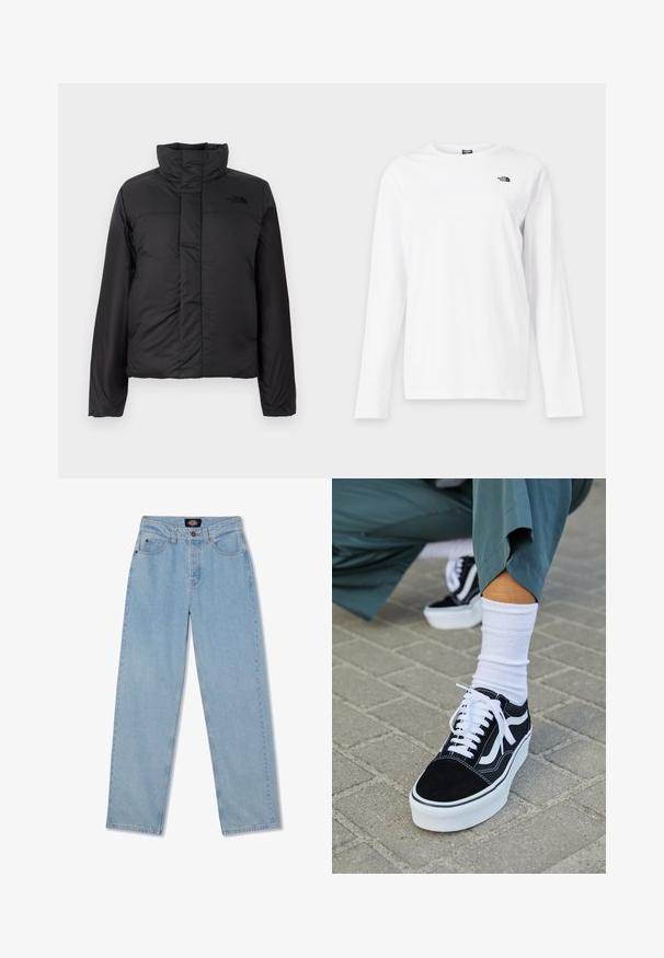 Zwarte geïsoleerde pufferjack met een hoge kraag, ritssluiting aan de voorkant en een logo op de borst. Gladde, matte afwerking met een boxy vorm.; Wit shirt met lange mouwen en ronde hals met klein zwart The North Face-logo op de linkerborst.; Lichtblauwe denim jeans met een rechte snit, vijf zakken, knoopsluiting en subtiele wassing aan de voorkant.; Zwarte suède sneaker met witte accenten en veters, uitgerust met een dikke witte zool en contrasterende stiksels, gecombineerd met een witte sok.