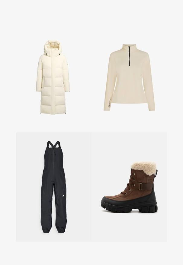 Manteau en duvet blanc avec un col haut et une fermeture éclair. Il dispose de deux poches avant et d'un design mi-long avec une texture matelassée.; Pull-over en polaire beige avec un col montant, un zip court à l'avant et une fermeture éclair noire avec logo. Présente le logo "Polartec" sur la manche. Texture lisse.; Salopette noire imperméable avec bretelles réglables, fermeture zippée à l'avant, deux poches latérales et poignets élastiques aux chevilles.; Botte imperméable marron avec doublure en faux fur, œillets en métal et semelle en caoutchouc noir texturé. Présente un devant lacé et un détail de sangle sur le côté.