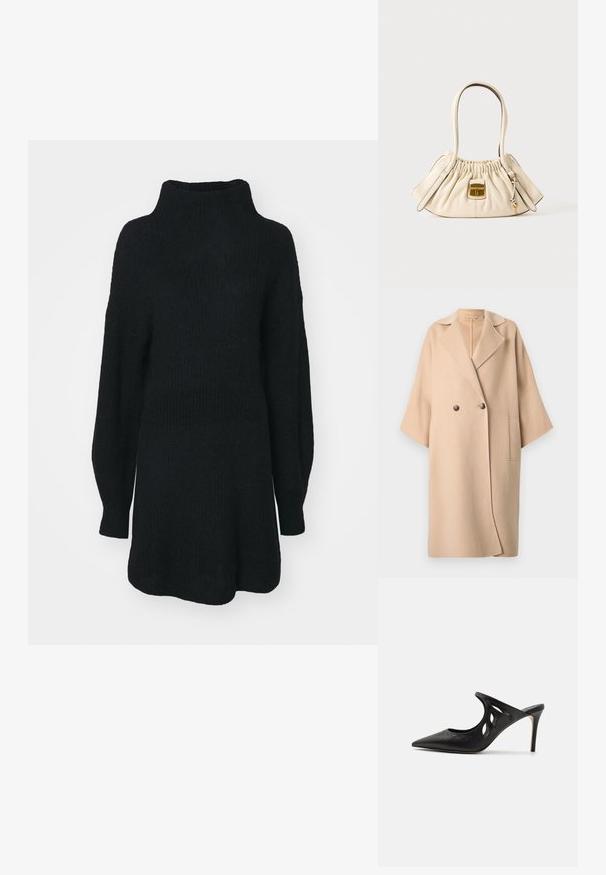 Beige uldblandet frakke med dobbeltradet design, bred krave, korte ærmer og en påsyet lomme på venstre side. Blød tekstur.; Sort strikket sweater med høj hals, lange ærmer og løs pasform. Tekstureret stof med en løs silhuet og ingen synlige mønstre.; Sorte læder højhælede mules med spids tå, udskåret sideskærm og glat tekstur. Stiletthæl og subtil syning.; Cremefarvet blødt læderhåndtaske med samlet top, to håndtag og en lille rektangulær lås i guldfarve foran.