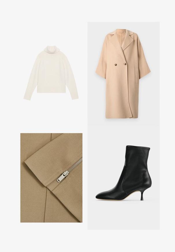 Beige uldblandet frakke med dobbeltradet design, bred krave, korte ærmer og en påsyet lomme på venstre side. Blød tekstur.; Lyscreme turtleneck sweater med ribbet tekstur, raglanærmer og tætsiddende kant. Blødt materiale og afslappet silhuet.; Beige stof med en tekstureret overflade og diagonal søm, prydet med en sølvfarvet lynlås med et rektangulært træk.; Sort læderankelstøvle med spids tå og slank mellemhøj hæl, vist i profil på en lys baggrund.