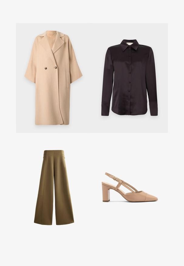 Beige uldblandet frakke med dobbeltradet design, bred krave, korte ærmer og en påsyet lomme på venstre side. Blød tekstur.; Sort satin langærmet skjorte med klassisk krave, forreste knapper og manchetter; glat tekstur med en let glans.; Højtaljede bukser med vide ben i olivengrøn med synlige sømdetaljer og en tætsiddende linning, vist på en hvid baggrund.; Beige læder slingback hæle med spids tå, blokhæle og rem med en lille guld spænde. Glat tekstur, minimalistisk design.