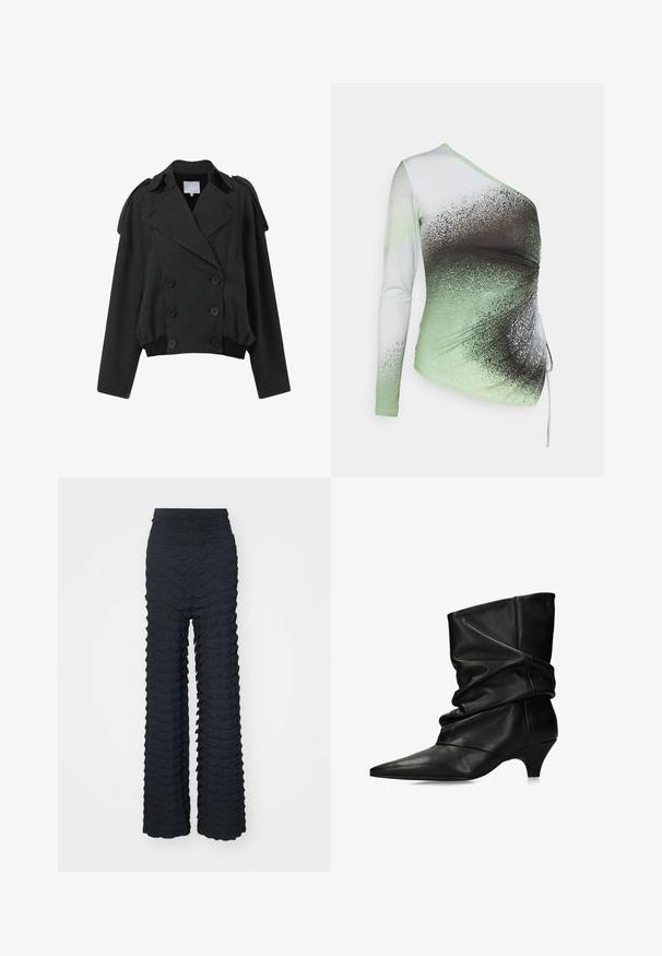 Veste gris foncé croisée avec de gros boutons, un col proéminent, des épaules structurées et un ourlet élastiqué. Fabriquée en tissu texturé.; Elleme ONE SHOULDER - T-shirt à manches longues - light green/white; Pantalons à jambes larges en tissu gris foncé présentant un motif texturé en vagues, taille haute, et une finition lisse avec une silhouette structurée.; Botte en cuir noire mi-mollet avec un bout pointu, un dessus souple et un petit talon kitten.