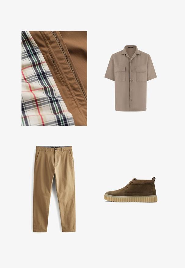 Brun jakke i stof med en metallynlås og en ternet skjorte i beige, marineblå, grøn og rød under jakken.; Beige kortærmet skjorte med knapper, to frontlommer med klap og en spredt krave, vist på hvid baggrund.; Next STRETCH - Bukser - dark sand; Brune ruskind ankelstøvler med en rund tå, minimal syning og en tekstureret, kraftig gummisål. Har snørebåndsdesign og hælflig.