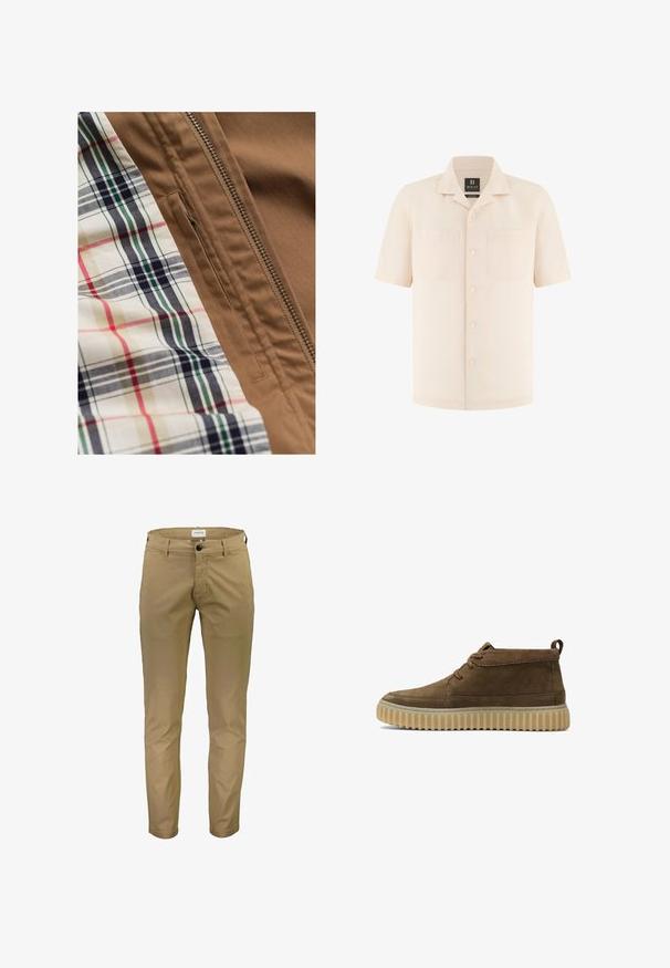 Brun jakke i stof med en metallynlås og en ternet skjorte i beige, marineblå, grøn og rød under jakken.; Beige kortærmet skjorte med knapper, camp-krave og to brystlommer, lavet af 100% linned fra Boggi Milano.; Lindbergh SUPERFLEX CHINO PANTS - Chino - deep sand; Brune ruskind ankelstøvler med en rund tå, minimal syning og en tekstureret, kraftig gummisål. Har snørebåndsdesign og hælflig.