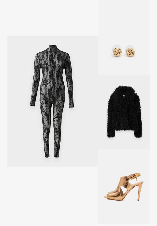 Sort, krøllet tekstureret jakke med bred krave og lange ærmer. Har et blødt, plysset materiale. Ingen synlige lukninger.; Sort blonde bodysuit med lange ærmer, høj krave og blomstermønster, der dækker hele overfladen. Tæt siddende design med gennemsigtig tekstur.; Guldsandal med høje hæle med tekstureret overflade, peep-toe, udskårne sider og justerbar ankelrem med lille charm-spænde.; Guldtonede knude-stud øreringe med et vredet design. Hver ørering har en cirkulær klar bagside for sikker brug.