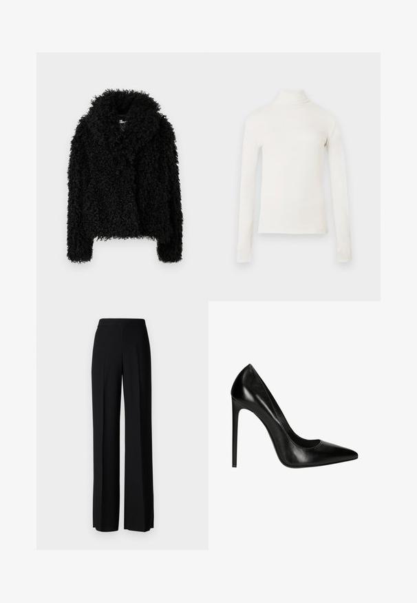 Veste noire à texture frisée avec un large col et des manches longues. Fabriquée dans un matériau doux et moelleux. Sans fermetures visibles.; Top à col roulé à manches longues en blanc cassé, confectionné dans un tissu doux. Présente une coupe ajustée et un col montant. Texture lisse sans motifs.; Pantalon noir à jambes larges avec une taille haute, en tissu lisse, présentant des plis à l'avant et une coupe classique et ajustée.; Pompe à talon aiguille en cuir noir avec un bout pointu et une texture lisse. Présente une silhouette élégante et un talon aiguille.